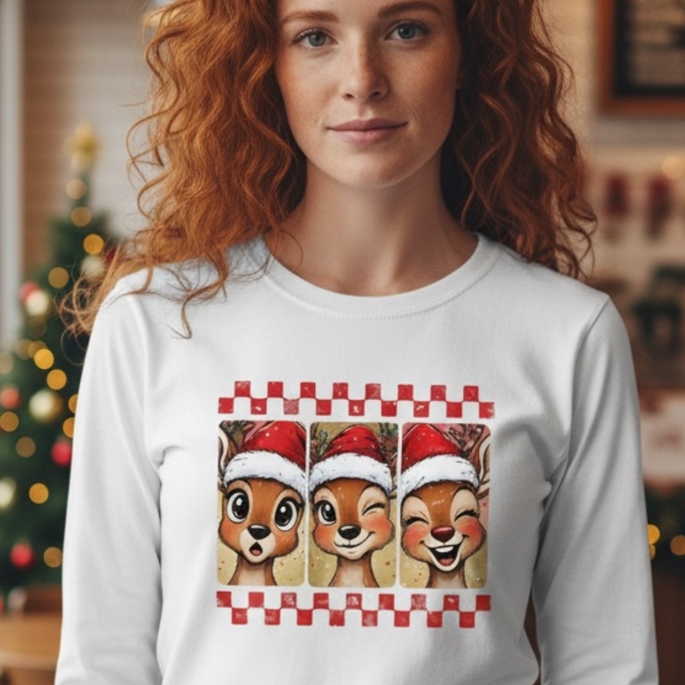 Holiday Selfie Preppy Reindeer Photobooth T-shirt long sleeve White S M L XL